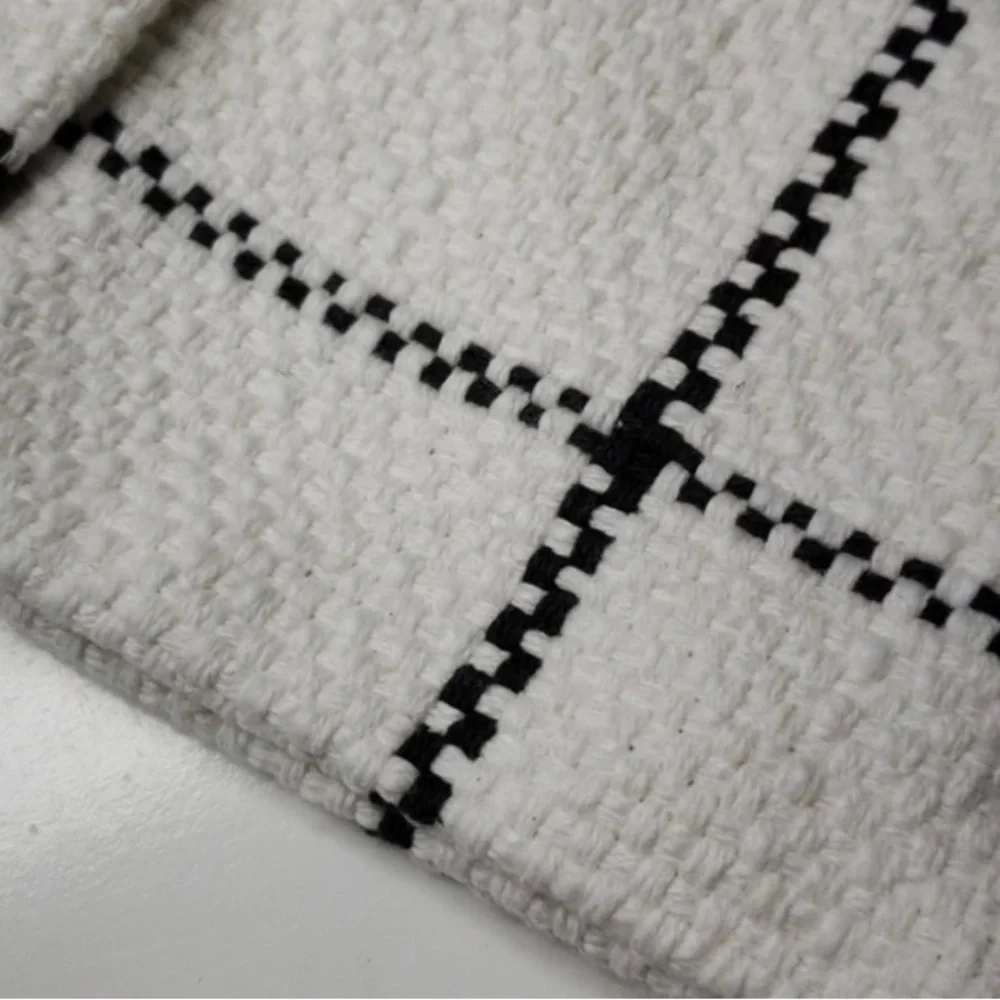 NEW ! Hearth & Hand Windowpane Woven Plaid Poms Gray/ Cream Stocking - Picture 5 of 6